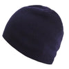 A dark navy blue knitted winter beanie hat shown from the side.