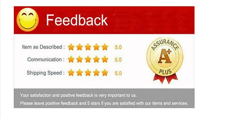 A feedback form titled Feedback with ratings for Item as Described, Communication, and Shipping Speed.