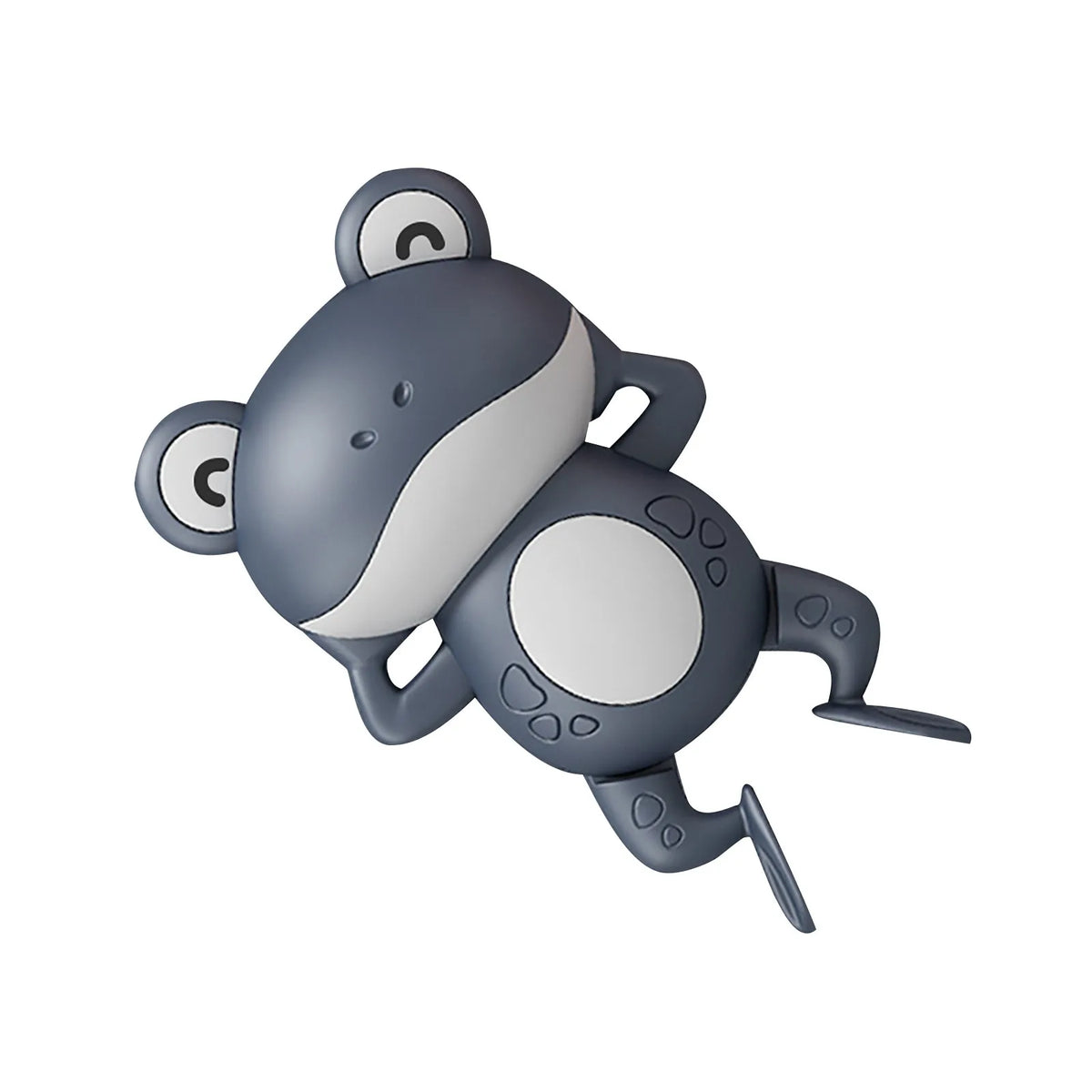 A gray and white wind-up frog bath toy for toddlers.