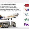Various shipping methods and related goods including an airplane, trucks, and a globe.