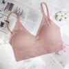 A light pink seamless U-back bralette with adjustable straps is displayed on a white background next to product information.