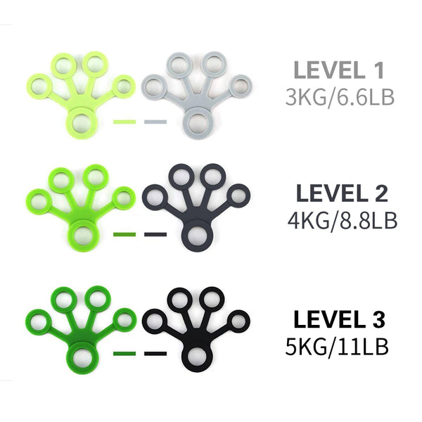 Three levels of silicone finger exercisers for hand and forearm strength, showing different sizes and weights.