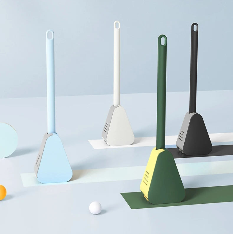 A collection of light blue and green golf-style silicone toilet brushes with self-opening holders displayed on a white surfac