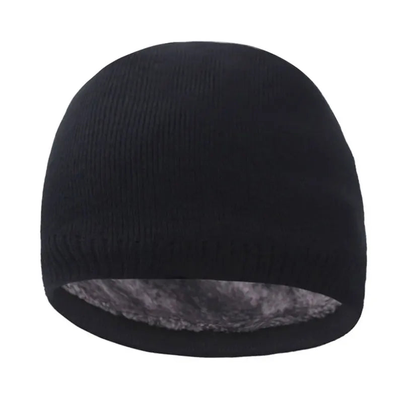 Black knitted beanie hat with a ribbed texture shown from the top.
