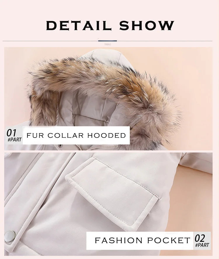 Detail show of a light gray winter jacket featuring a faux fur collar and a fashion pocket.