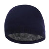 Dark navy knitted winter beanie hat with a faux fur lining