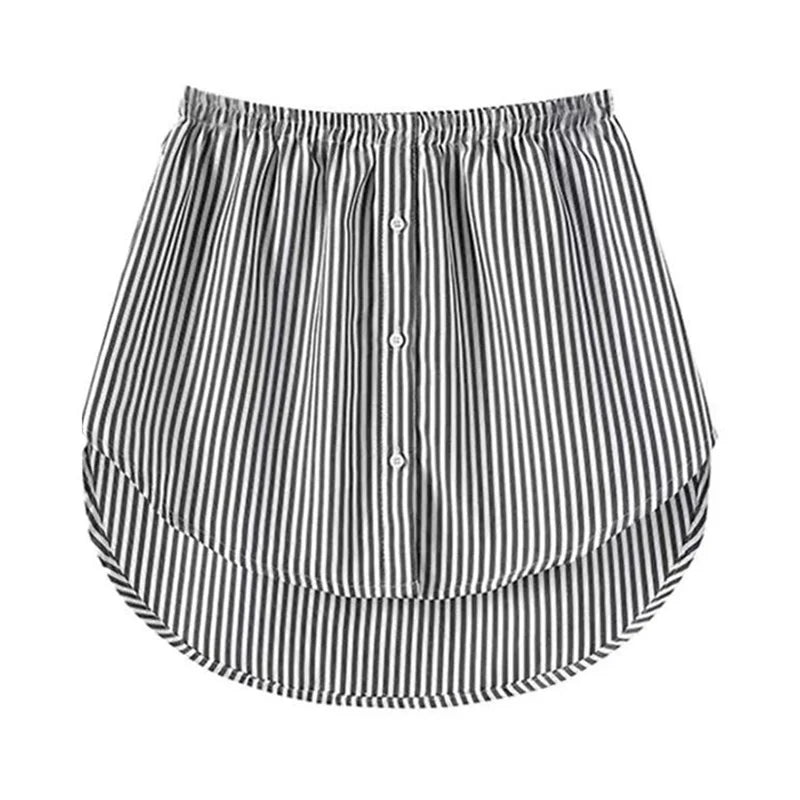 A black and white striped shirt extender with an elastic waistband.