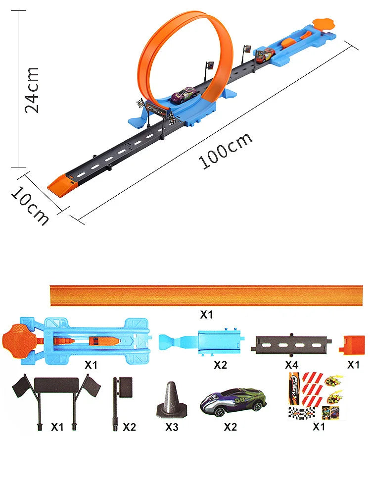 DIY stunt car racing track set featuring an orange and blue track, launchers, and a purple car model.