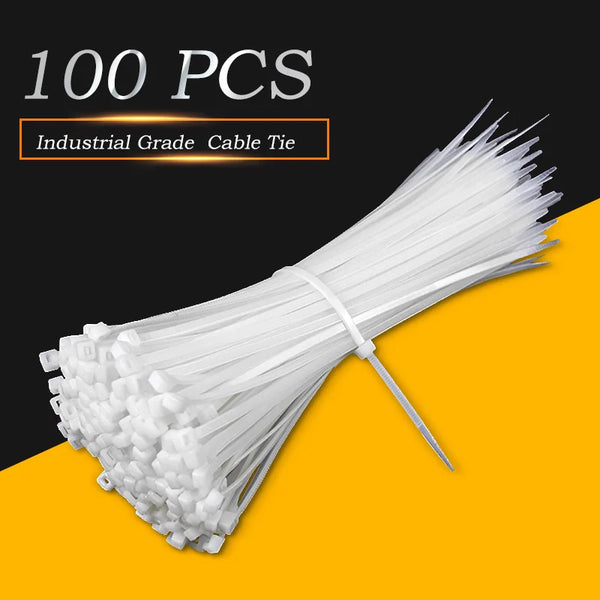 A bundle of 100 industrial grade white nylon cable ties laid out on a yellow background.