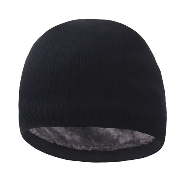 Black knitted winter beanie hat with a ribbed texture
