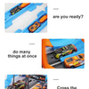 A set of DIY stunt car racing track and launchers with multiple cars ready for a race.