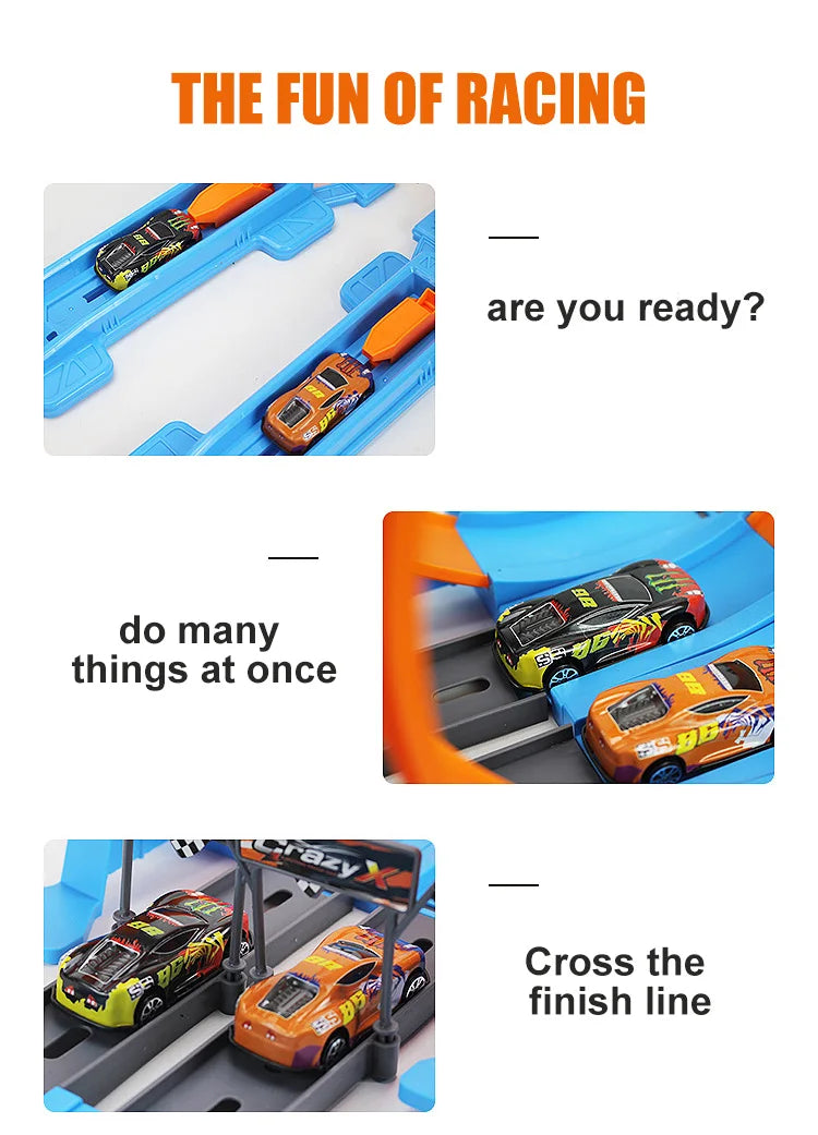 A set of DIY stunt car racing track and launchers with multiple cars ready for a race.