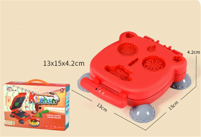 A red plastic clay play tool set featuring molds for hamburger, noodle, and ice cream shapes.