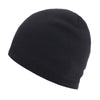 Black knitted winter beanie hat shown from the side.