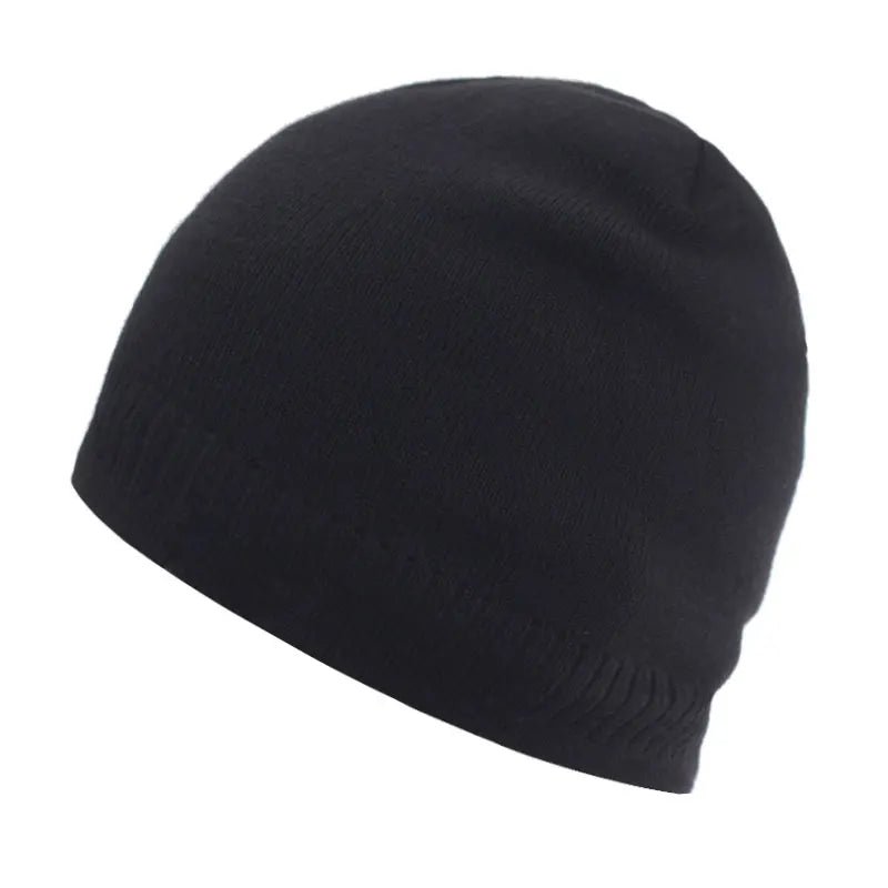 Black knitted winter beanie hat shown from the side.