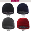 A color show displaying black, navy blue, gray, and red knitted winter beanie hats.