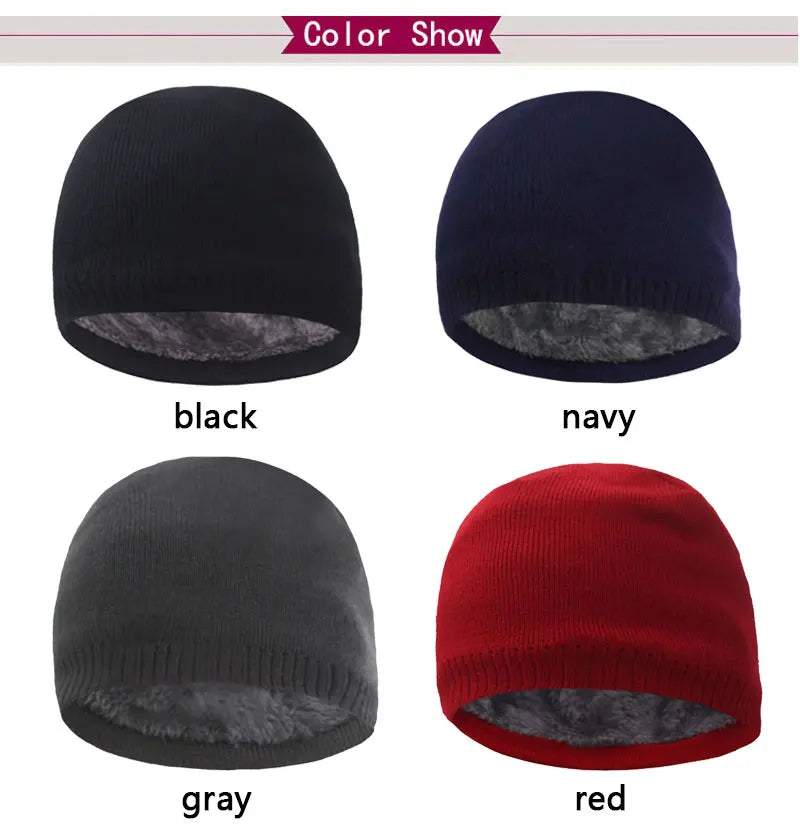 A color show displaying black, navy blue, gray, and red knitted winter beanie hats.