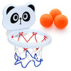 Hvit basketballkurv for barn med panda-tema, oransje ball og nett.