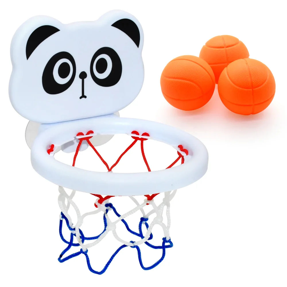 Hvit basketballkurv for barn med panda-tema, oransje ball og nett.