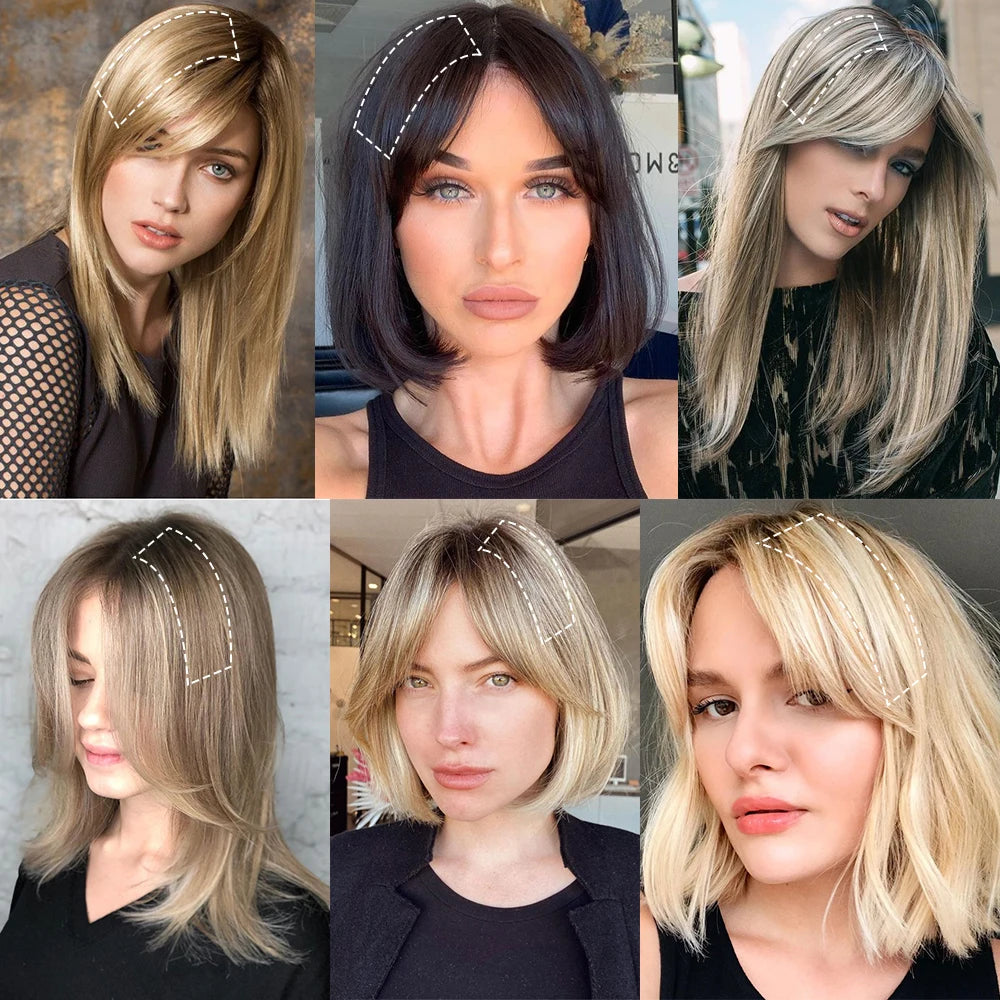 Four models showcase various styles of invisible seamless clip-in hair pads for volume and coverage