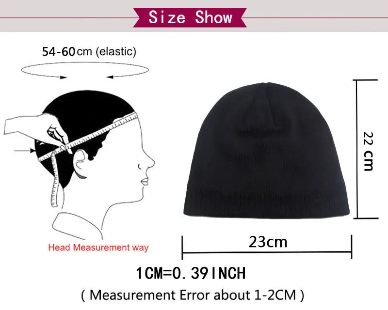 A black knitted beanie hat shown with size measurements for elastic fit.