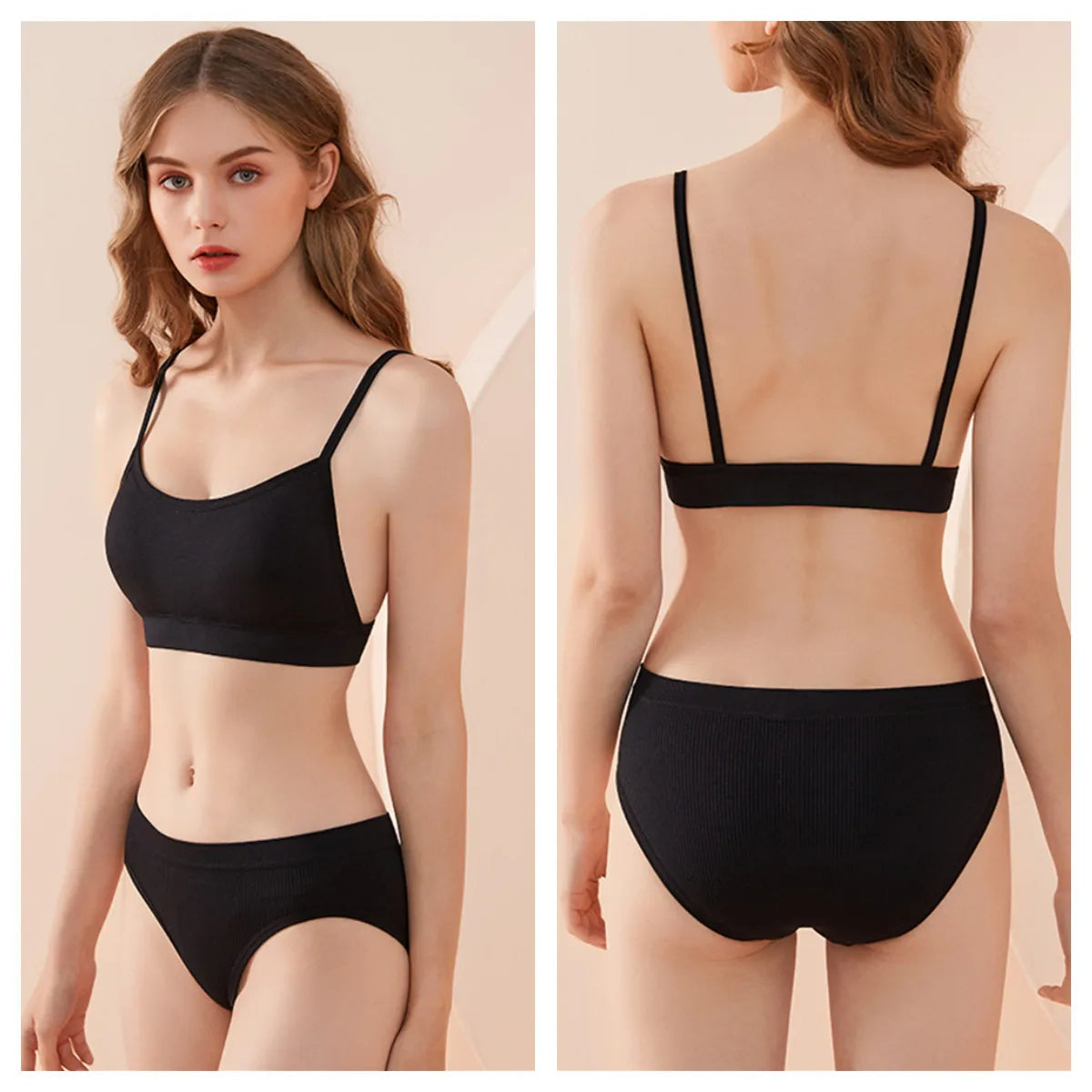 A model displays a black seamless U-back bralette and matching brief set from the back and front views.