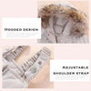 Close-up of a light beige baby winter down jacket with a faux fur hood and adjustable shoulder straps.