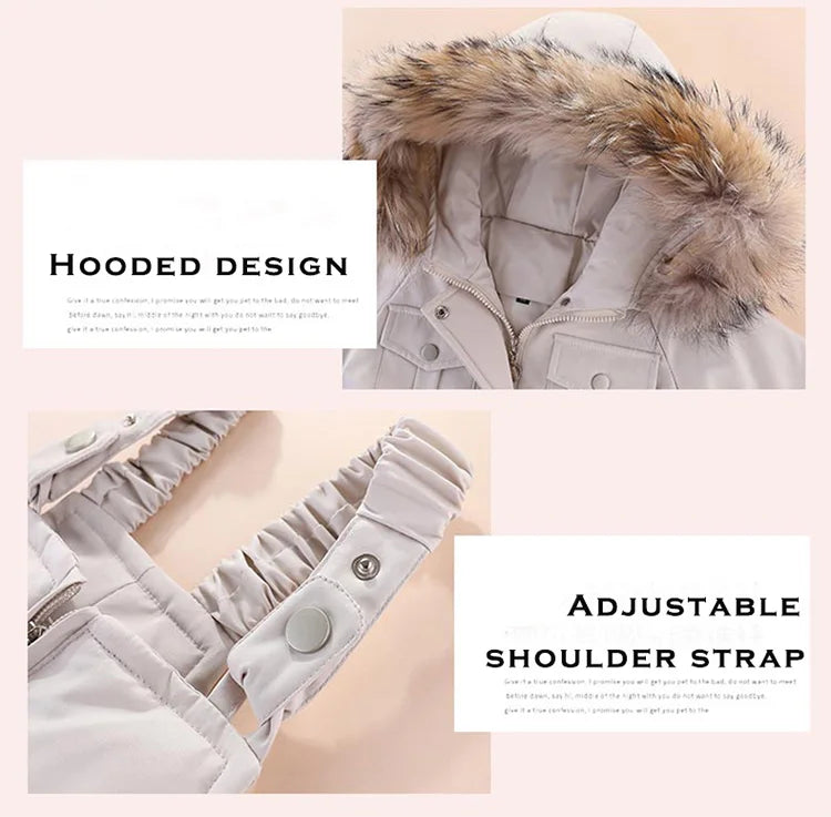 Close-up of a light beige baby winter down jacket with a faux fur hood and adjustable shoulder straps.