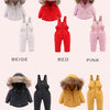 A collection of baby winter down jacket and pants sets in beige, red, pink, black, and yellow, all featuring faux fur hoods.