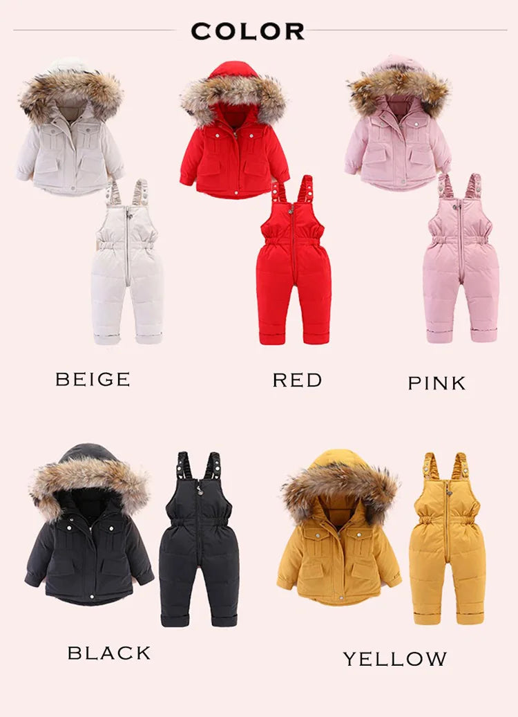A collection of baby winter down jacket and pants sets in beige, red, pink, black, and yellow, all featuring faux fur hoods.
