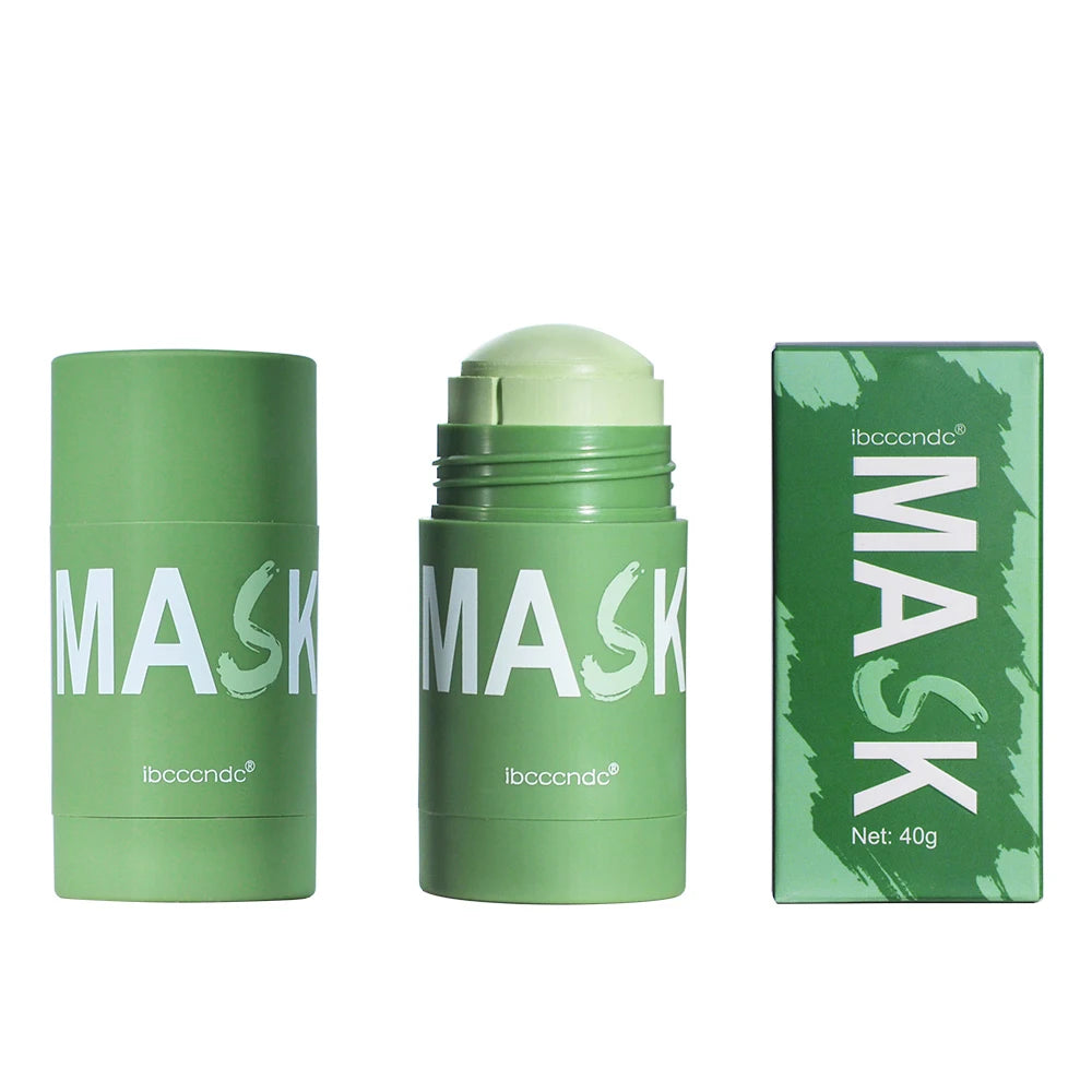 Three versions of a green tea cleansing stick mask product in glass jars and packaging.