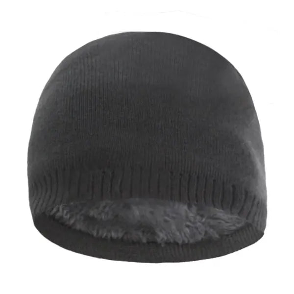 A dark gray knitted winter beanie hat with a fuzzy trim.