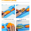 Instructions for using a DIY stunt car racing track set with launchers, showing steps to place and launch the car.