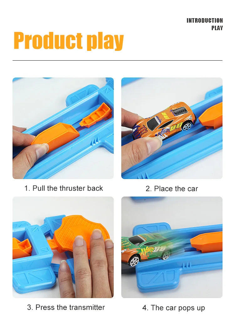 Instructions for using a DIY stunt car racing track set with launchers, showing steps to place and launch the car.