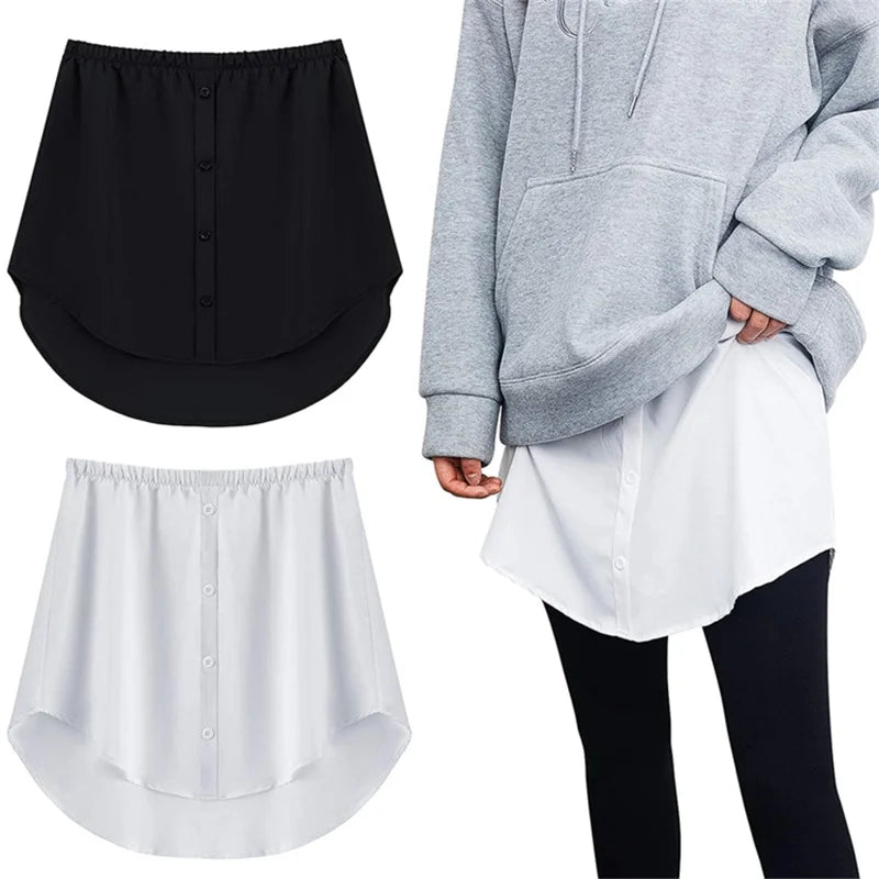 A black and white adjustable shirt extender with an elastic waistband shown separately and worn on a person.