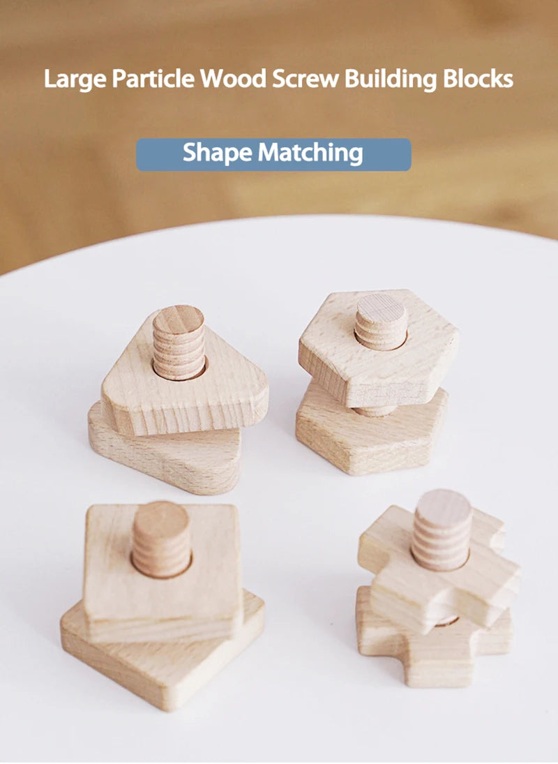 Large particle wood screw building blocks in various shapes and sizes for children's construction play