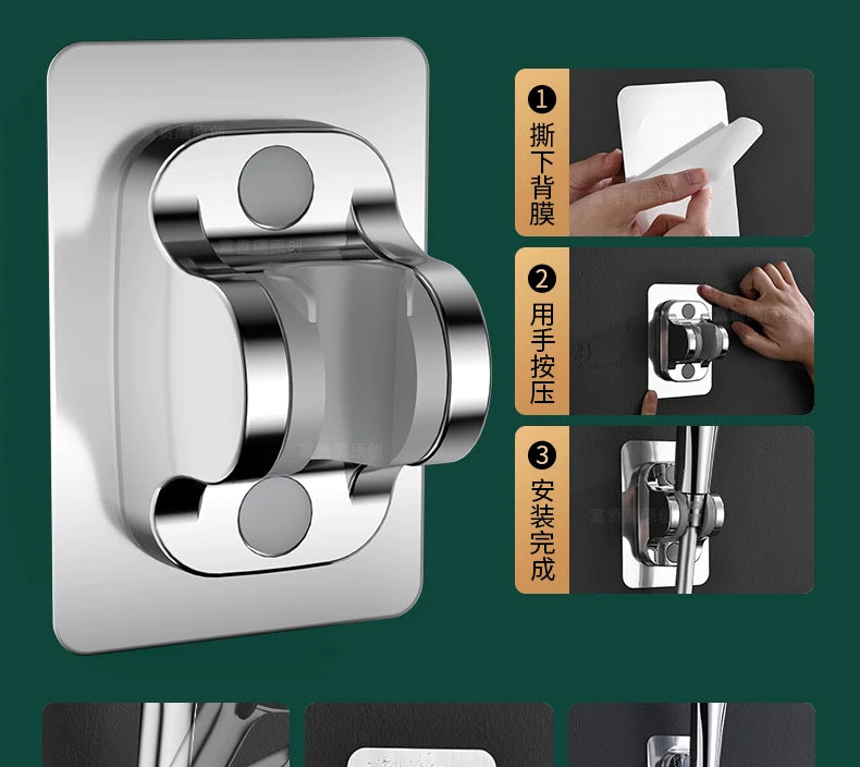 Installation guide showing the assembly of a large 6-mode high-pressure shower head with a rotatable panel.