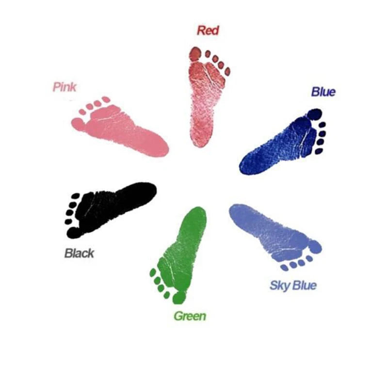A circular arrangement of handprints and footprints in various colors including pink, blue, black, green, and sky blue.