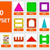 A collection of magnetic building blocks tiles in various shapes and colors, including triangles, squares, rectangles, and ar