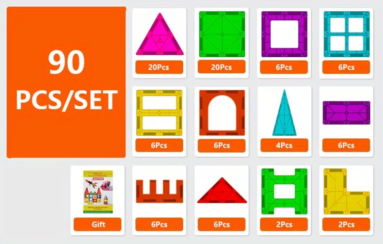 A collection of magnetic building blocks tiles in various shapes and colors, including triangles, squares, rectangles, and ar