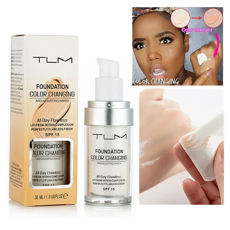 A bottle of TLM foundation color changing and adjusting naked with a white applicator and packaging.
