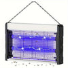 An electric mosquito killer lamp with a UV light trap is shown, featuring a dark housing and a grid of light-catching wires.