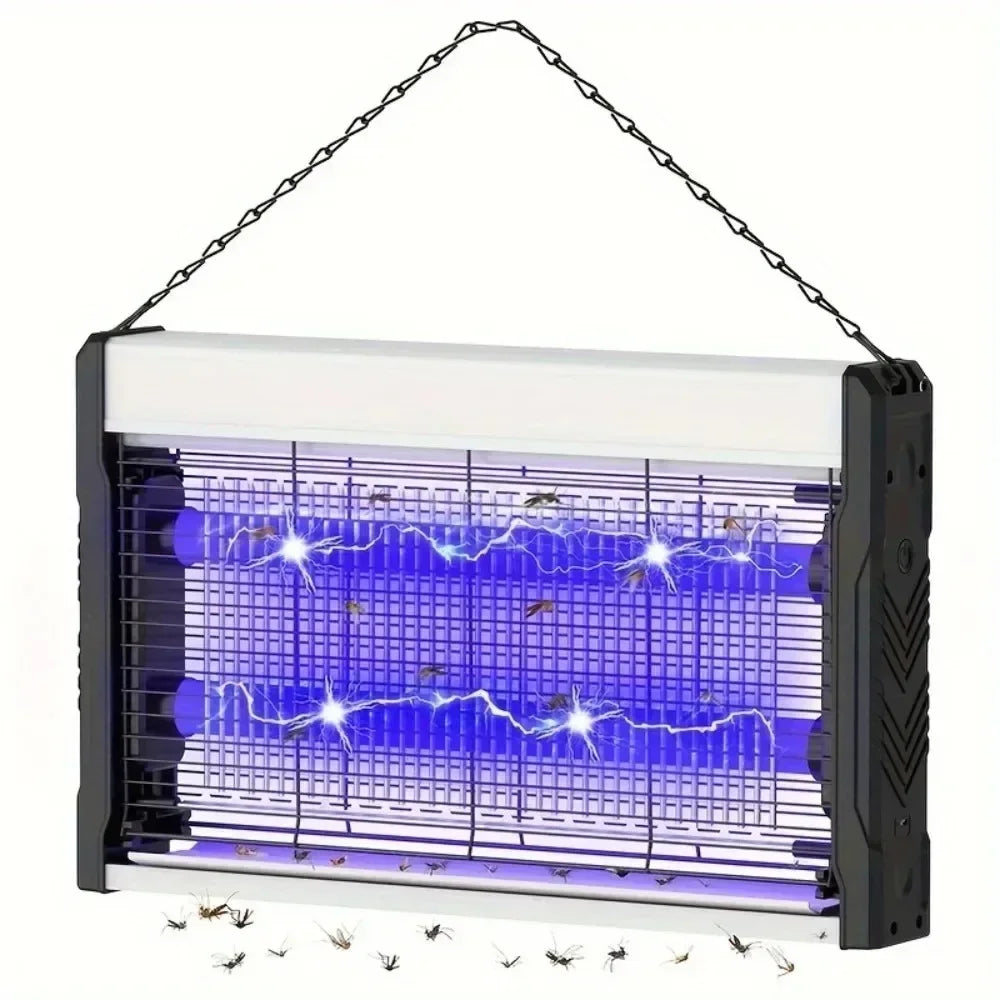 An electric mosquito killer lamp with a UV light trap is shown, featuring a dark housing and a grid of light-catching wires.