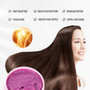 A woman shows off smooth dark hair after using a pink keratin repair hair mask treatment.