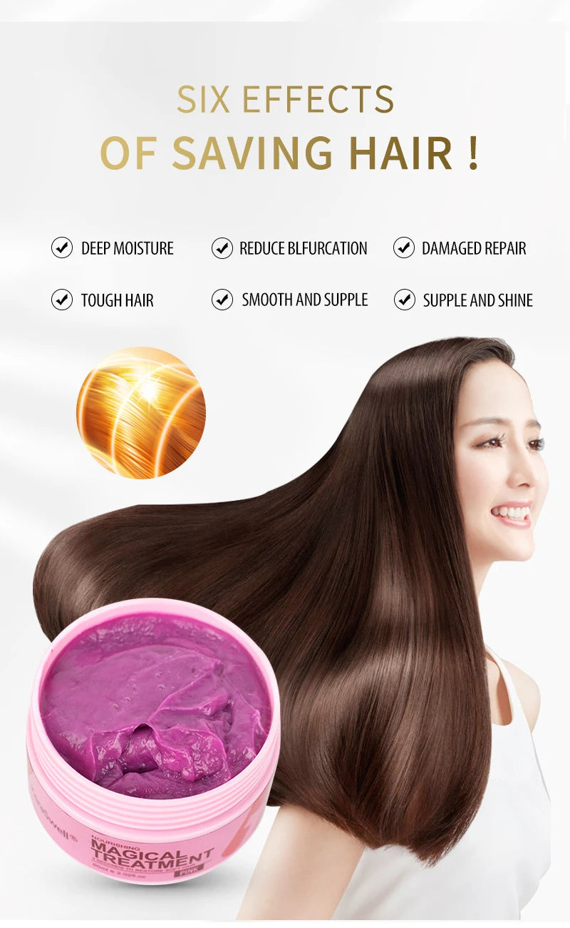 A woman shows off smooth dark hair after using a pink keratin repair hair mask treatment.