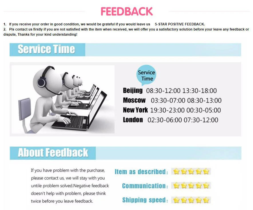 A feedback form with sections for service time, about feedback, and ratings for item description, communication, and shipping