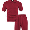 A maroon men's casual jacquard short-sleeve shirt and drawstring shorts set.