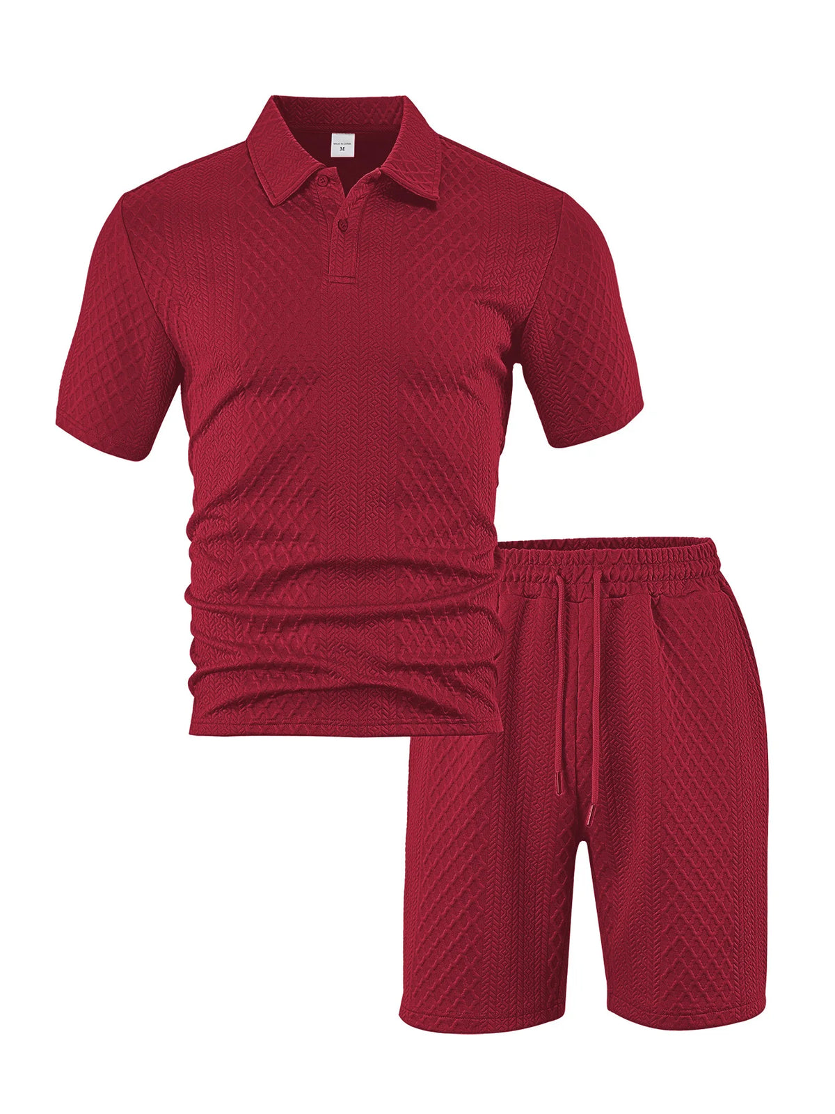 A maroon men's casual jacquard short-sleeve shirt and drawstring shorts set.