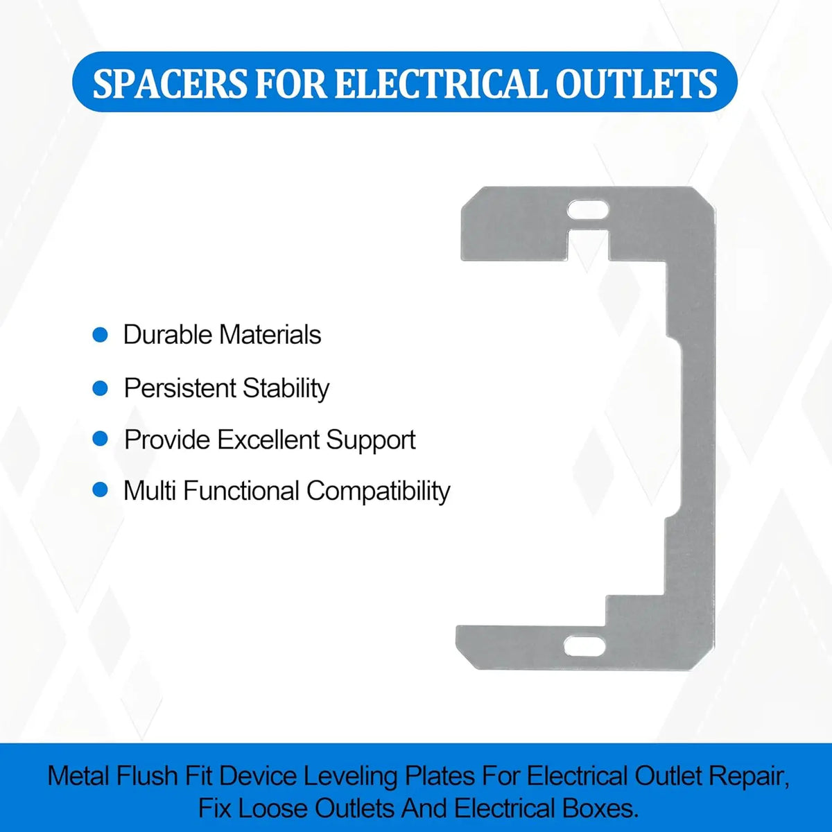 Metal flush fit device leveling plates for electrical outlet repair and fixing loose outlets
