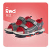 A pair of red and gray breathable summer sport sandals for boys shown against a pink background.